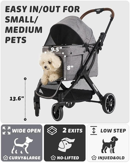 797Audio Dog Stroller for Small Medium Dogs, Pet Stroller for Cats Puppy Up to 121lbs,Foldable,One Click Folding,4 Wheel Shock Absorption,Adjustable Canopy with Sun Shades,Removable Washable Pad(Grey)