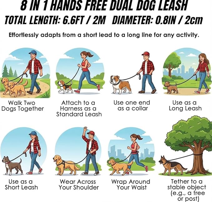 Waterproof Slip Lead Dog Leash, Heavy Duty Hands Free Waist Buckle Leash 6.5FT for Running, Medium to Large Dogs, Dual End Clips for Two Dogs,Brown