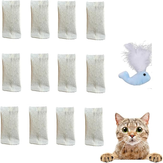 12 Pack Natural Catnip Pouches for Cat Toys, Non-Woven Fabric Cat nip Refills, Gift Packaging with Catnip Tea Bags and Feather Whale Toy
