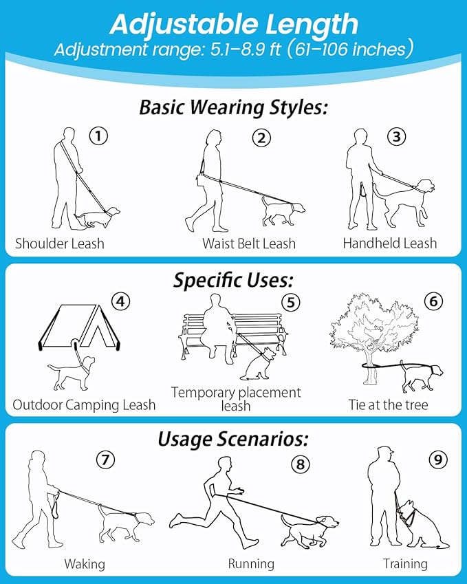 Hands Free Dog Leash, 5.1-8.9Ft Crossbody Long Leash, Waist Dog Belt for Small & Medium Dogs, City Walking & Running Outdoor Hiking &Travel etc. (Grey Blue)