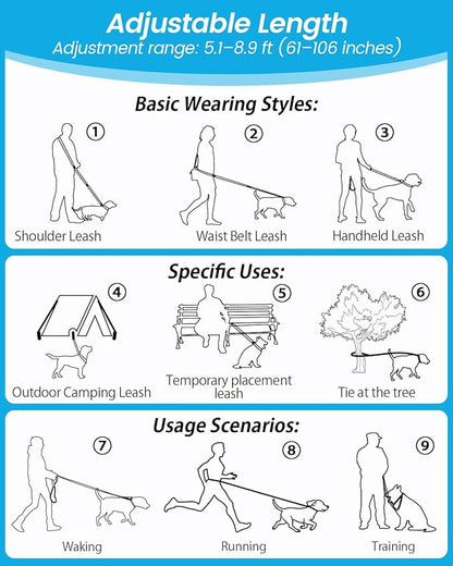 Hands Free Dog Leash, 5.1-8.9Ft Crossbody Long Leash, Waist Dog Belt for Small & Medium Dogs, City Walking & Running Outdoor Hiking &Travel etc. (Grey Blue)