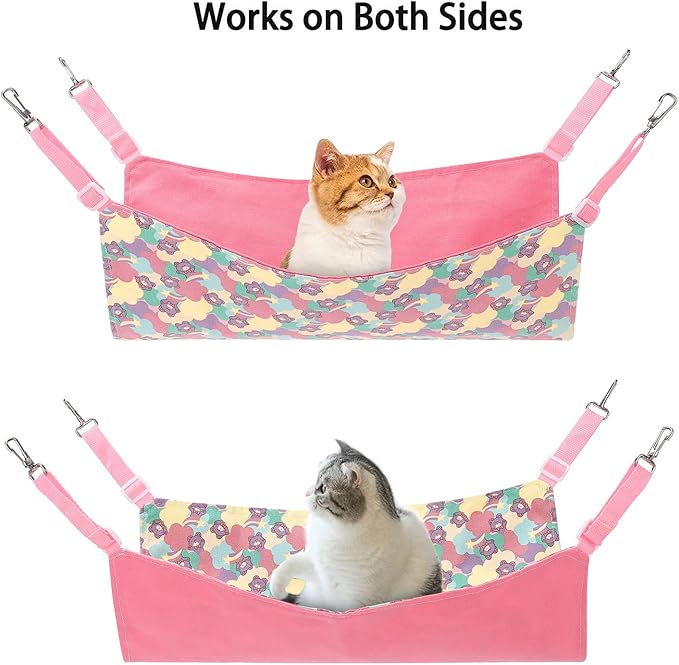 Petmolico Cat Hanging Hammock Bed, Pet Cage Hammock Adjustable Strap and Reversible Double-Sided Hammock for Cats/Kitten/Puppy/Small Dogs/Other Small Animals, Pink Bear, Small
