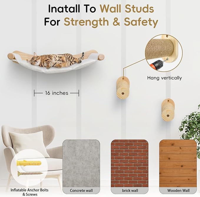 Cat Wall Hammock & Steps Set - Wall Mounted, 21 * 18 in for Large Cats - Screw-in Climbing Play Set