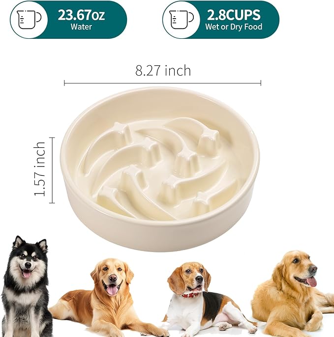8.26 in Milk White Dog Bowl Slow Feeder Ceramic for Medium and Large Breed,Pet Feeding Dog Food Water Dish Heavy Weighted,Puppy Bowl for Fast Eaters,Puzzle Slow Eating Dish Modern Maze Meteor