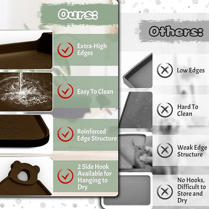 Dog Food Mat, Silicone Pet Feeding Mat With Residue Collection Pocket - Waterproof Bowl Mat for Cats and Dogs, Raised Edges, Hooks, Placemats for Food and Water