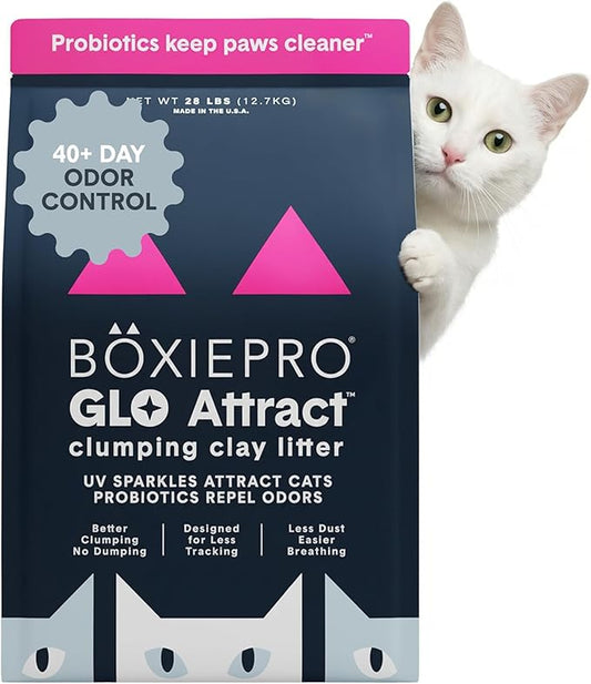 Boxie Glo Clumping Clay 30 Day Odor Control Cat Litter, 99.9% Dust-Free, Low Tracking, UV Light Attractant, 28 lb