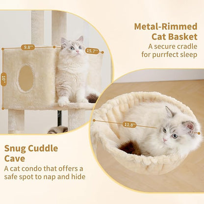 Heybly Cat Tree, 45.3-Inch Cat Tower for Indoor Cats with Large Perch, All-in-One Cat Furniture with Cozy Bed, Hidden Space Cat Condo, Comfy Hammock, Scratching Posts & 3 Pompoms, Beige HCT202SM