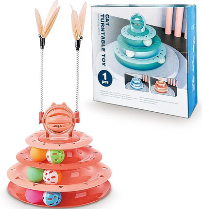Vealind Cat Toy Roller 4-Level Turntable Cat Toys Balls with 14 Pcs Colorful Pom Pom Balls Interactive Fun Mental Physical Exercise Puzzle Kitten Toys (Orange)