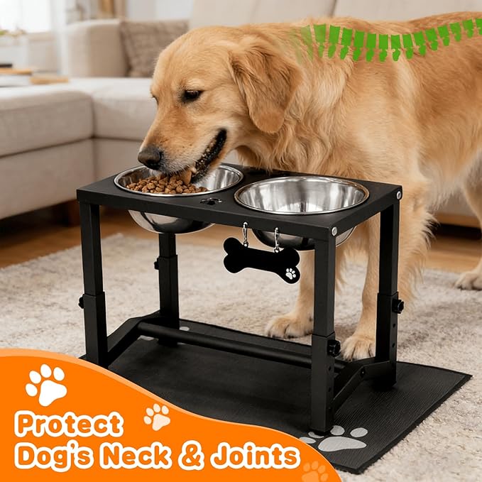 Elevated Dog Bowls, 4 Height Adjustable Metal Raised Bowl Stand with 2 Thick Stainless Steel Food Bowls & Spill-Proof Mat, Adjusts to 13.6'', 12.2'', 10.9'', 9.5'' for Large/Medium Breeds. Black
