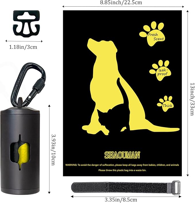 Metal Dog Poop Bag Holder w/Leash Clip|Durable Scratch-Resistant Aluminum|15 Bags+3 Accessories(Black)