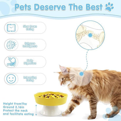 Raised Slow Feeder Cat Bowl, Ceramic Elevated Cats Food Bowl Small Cats Slow Feeder, Cute Cat Dish for Anti Vomiting for Dry and Wet Food (Yellow, 6 Inch)