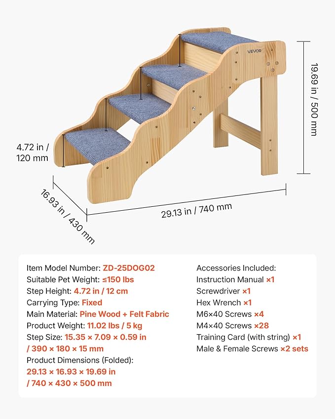 VEVOR Wood Pet Stairs, 4-Step Dog Stairs for High Beds, Sofa & Cars, 150lbs Load Capacity, Non-Slip Surface, Stable Cat & Dog Step Ladder for Small Medium Large Older Pet Puppy Essentials