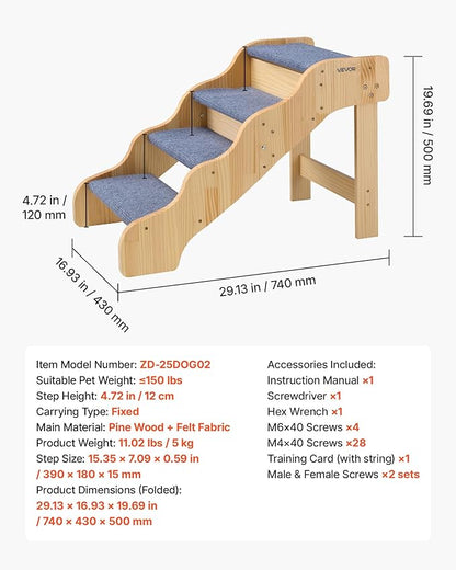 VEVOR Wood Pet Stairs, 4-Step Dog Stairs for High Beds, Sofa & Cars, 150lbs Load Capacity, Non-Slip Surface, Stable Cat & Dog Step Ladder for Small Medium Large Older Pet Puppy Essentials
