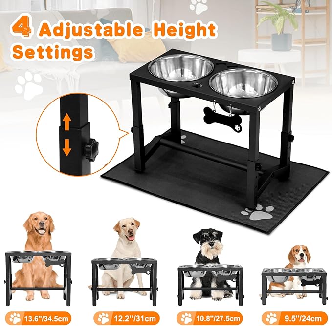 Elevated Dog Bowls, 4 Height Adjustable Metal Raised Bowl Stand with 2 Thick Stainless Steel Food Bowls & Spill-Proof Mat, Adjusts to 13.6'', 12.2'', 10.9'', 9.5'' for Large/Medium Breeds. Black