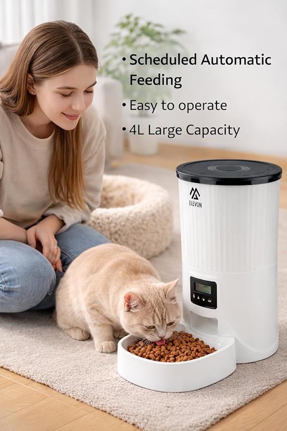 Elevon 4L Automatic Cat Feeder – Programmable Dog & Pet Food Dispenser with 10s Voice Recorder, Portion Control, Desiccant Bag, Auto Pet Feeder for Cats and Dogs