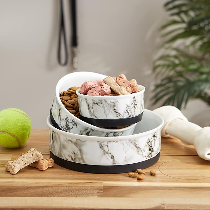 Bone Dry Pet Bowl Collection Ceramic Set, Small, Marble, 2 Count White
