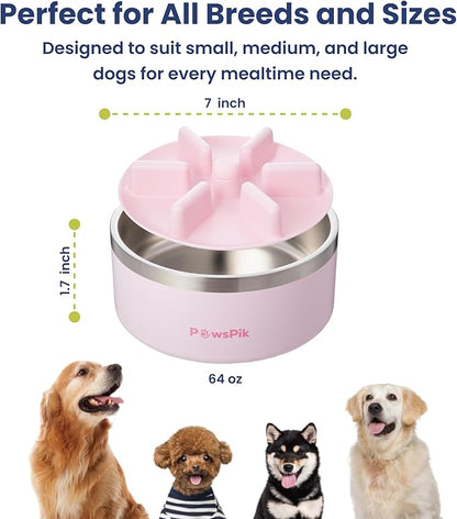 PawsPik 64oz 18/8 Stainless Steel Slow Feeder Dog Bowl, Double-Wall Non-Slip Metal Dog Bowl for Fast Eating Medium & Large Breeds, Detachable Slow Feeder Insert, Dishwasher Safe (Cherry Blossom Pink)