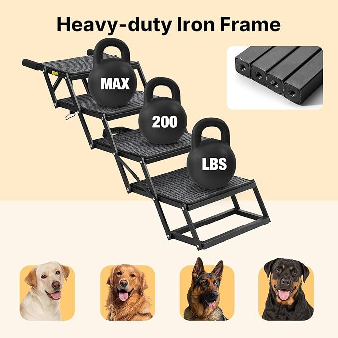 Veehoo Foldable Dog Steps for Car Truck, 4 Steps Collapsible Dog Stairs for Car Large Dogs 17" Wide, Heavy Duty Outdoor Pet Ramp Ladder Portable with Non Slip Surface for Dogs, Support up to 200 lbs