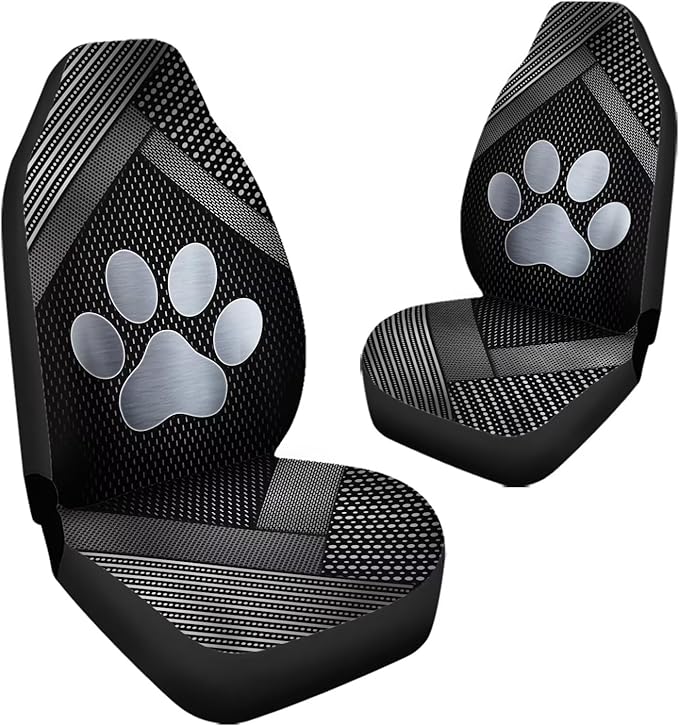 Silver Metal Dog Paw Print Car Front Seat Covers Full Set of 2, Waterproof Stretchy Automotive Interior Accessories Universal Fit Most Vehicles