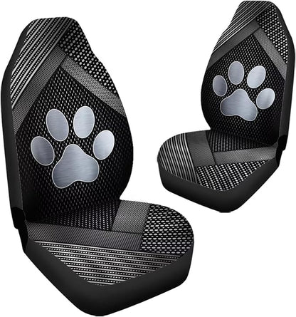 Silver Metal Dog Paw Print Car Front Seat Covers Full Set of 2, Waterproof Stretchy Automotive Interior Accessories Universal Fit Most Vehicles