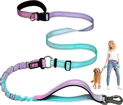 Hands Free Dog Leash for Large Medium Dogs – Bungee No Pull Running Leash with Dual Padded Handles, Reflective Nylon, Adjustable Waist Belt, Seatbelt Clip for Walking, Jogging, Hiking (BluePink)