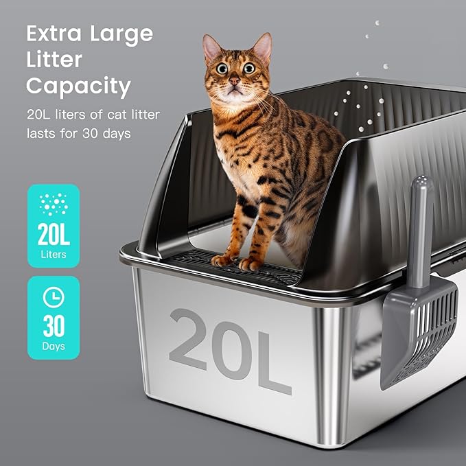 Tripamin 15” XL Stainless Steel Cat Litter Box Enclosure, XXL Stainless Steel High Sides with Lid, Extra Large Metal Cat Litter Box (Transluce+Black, 2-pcs XX-Large)
