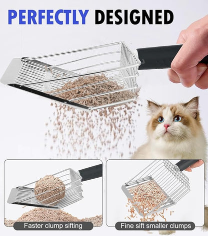 Cat Litter Scoop with Holder, Solid and Durable Metal Litter Scoop, Stainless Steel Litter Box Scooper, Heavy Duty, Black Rubber Handle