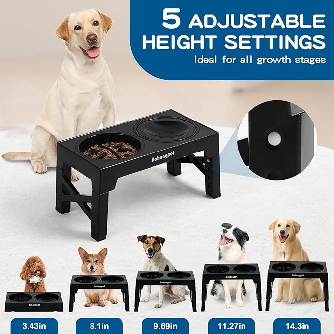 3-in-1 Elevated Slow Feeder Dog Bowls for Food and Water, 5 Heights Adjustable Raised Dog Bowls, Non-Slip, No Spill, for Small Medium Large Dogs and Cats(Black)