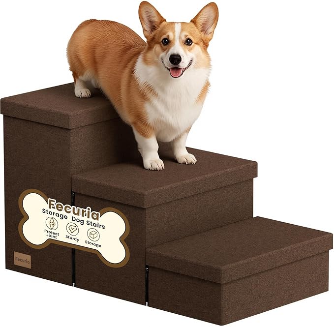 3-Step Wide Dog Stairs with Storage 18" H, Non-Slip Sturdy Pet Steps for High Bed Couch Window, Pet Stairs for Small/Medium/Large Old Dogs Cats Up to 200lbs, Cat Dog Steps for Car/SUV, Coffee