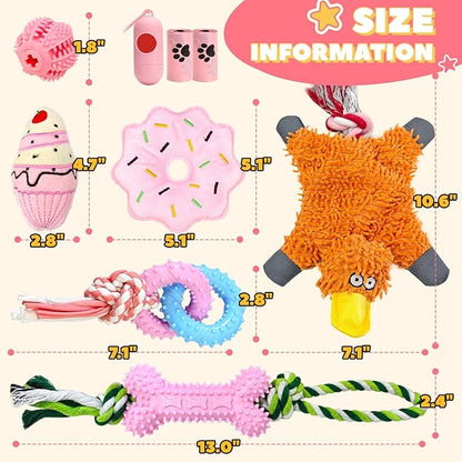 9 Pack Dog Toys for Small Dogs & Puppies Puppy Chew Toys for Teething No Stuffing Squeaky Rubber Chew Toys with Duck Toy, Donut, Cake, Dog Bone & Treat Ball for Calming Chewing Fun