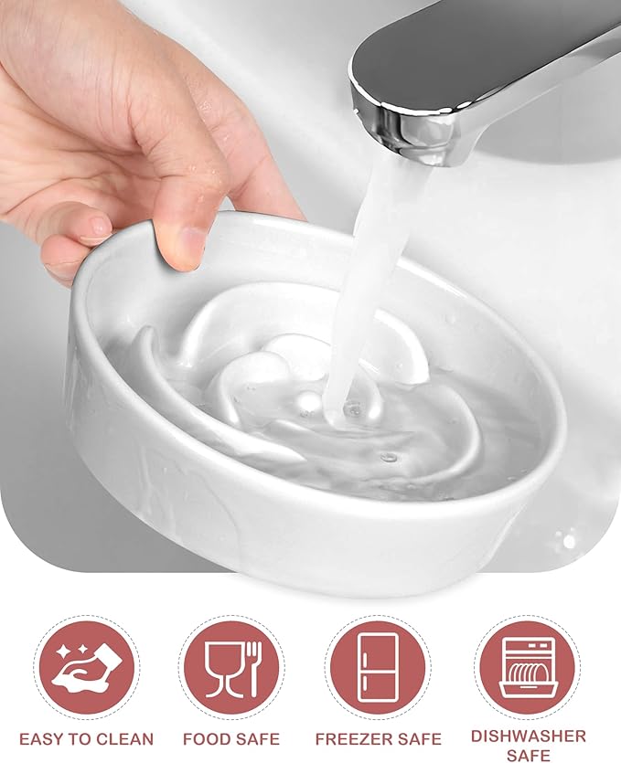 TRUVIC Ceramic Slow Feeder Dog Bowls, 1.5 Cup Puzzle Slow Feeder Bowls for Fast Eaters, Ceramic Dog Food Dish no Black Chin, Puzzle Bowl for Medium Dogs, White