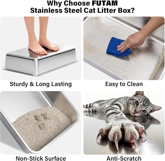 Stainless Steel Litter Box, XL Metal Cat Litter Box with Lid, Extra Large Cat Litter Boxes for Big Cats with High Sides, Leak Proof, Easy to Clean, No Stick, Odor Control, Include Scoop and Mat