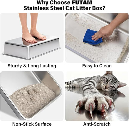Stainless Steel Litter Box, XL Metal Cat Litter Box with Lid, Extra Large Cat Litter Boxes for Big Cats with High Sides, Leak Proof, Easy to Clean, No Stick, Odor Control, Include Scoop and Mat