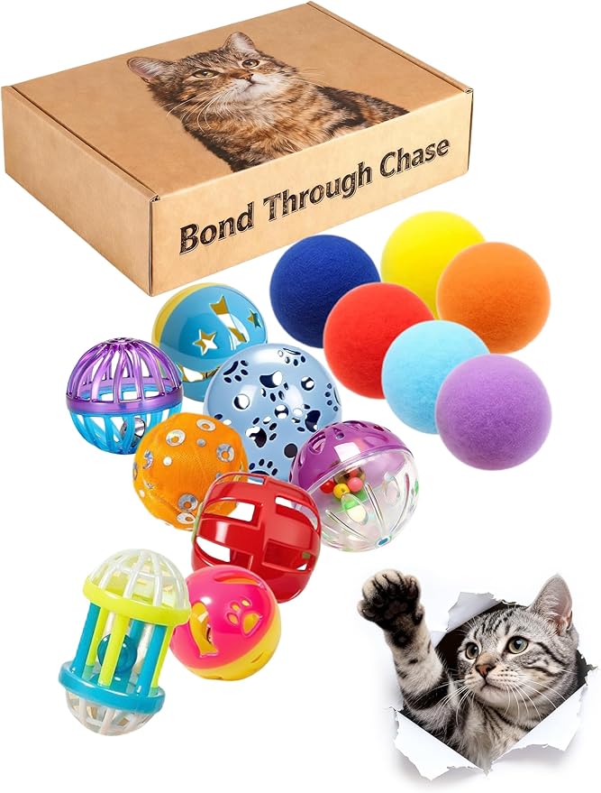 14 Pcs Cat Toys Indoor Kittens BPA-Free Jingle Balls Plush Balls Catnip Feather Mice for Play Chase Relax (1.5'' - 2.2'')