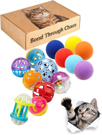 14 Pcs Cat Toys Indoor Kittens BPA-Free Jingle Balls Plush Balls Catnip Feather Mice for Play Chase Relax (1.5'' - 2.2'')