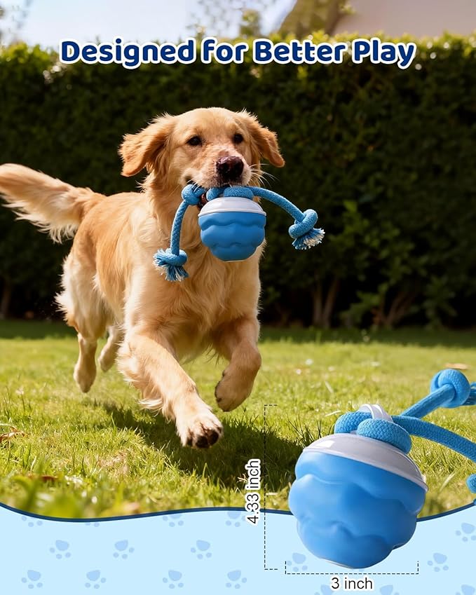 Interactive Dog Toys with Rope -Smart Dog Ball Built-in Barking Sound, Motion Activated USB-C Rechargeable Dog Toy with 3 Play Modes for Medium & Large Dogs (Blue)