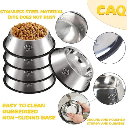 CAQ Dog Cat Bowls Stainless Steel Small Cat Dog Food Water Bowl for Indoor Stackable Pets Puppy Dish Non-Slip Removable Rubber Base Set of 4