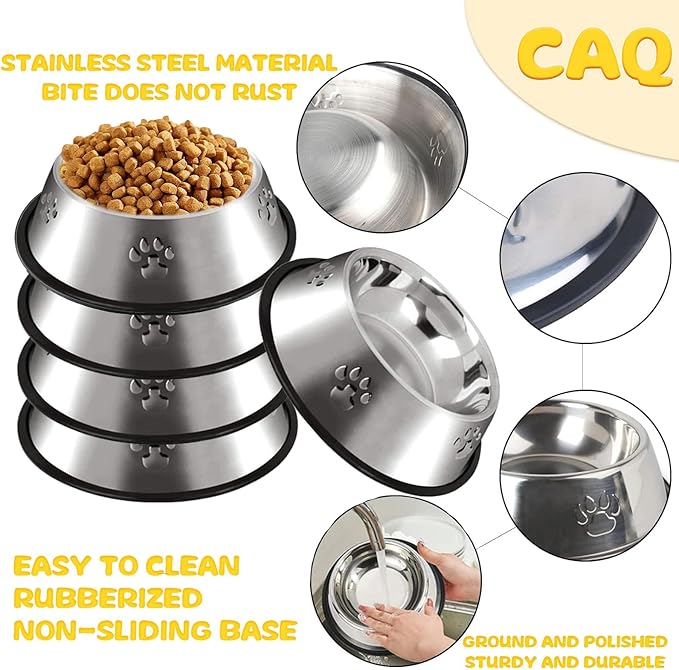 CAQ Dog Cat Bowls Stainless Steel Small Cat Dog Food Water Bowl for Indoor Stackable Pets Puppy Dish Non-Slip Removable Rubber Base Set of 2