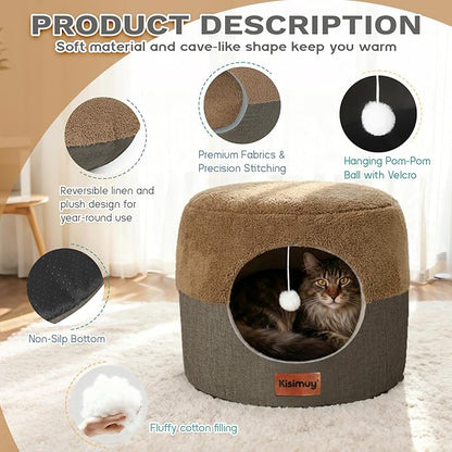 Cat Bed Cave for Indoor Cats, 2-in-1 Foldable Cat Cave & Lounge Bed with Reversible Cushion, Calming Anti-Anxiety Enclosed House for Small Dogs & Puppies, Donut Cozy Hideaway, 17.5 Inches (Brown)