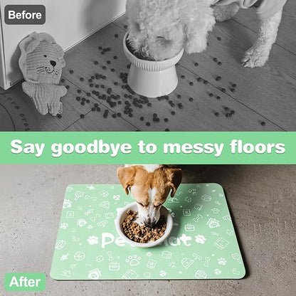 Pet Feeding Mat,Dog Cat Mat for Food and Water,Dog Bowl Waterproof Placemat with Rubber Backing,Absorbent Quick Dry Water Dispenser Mat for Pet（Green 17"×29"）