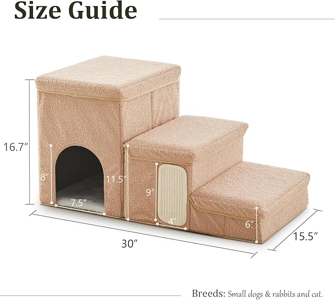 Dog Stairs with Storage and Condo,Cat Scratcher, 3-Step Sturdy Dog Steps for Small Medium or Large Older Dogs Cats, Folding Pet Stairs Climbing Sofas, high beds, Windows and Cars (Beige,16.7'' H)