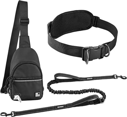 OneTigris Hands Free Dog Leash, Waist Leash for Dog Walking with Detachable Chest Bag, Thickened Mesh Lumbar Support and Durable Bungee Straps, Running leashs for Medium Large Dogs