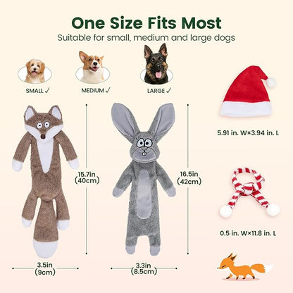 HGB Christmas Dog Toys for Large Dogs with Mini Christmas Hat & Scarf, Squeaky Crinkle Plush Dog Toys for Small, Medium, Large Breed and Puppy Teething, Daily Companionship, Cute Bunny & Redfox