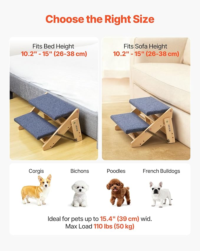 VEVOR Wood Pet Stairs, 2-Step Dog Stairs for Beds, Sofa & Cars, 110lbs Load Capacity, Floded Flat Design, Stable & Sturdy Cat & Dog Step Ladder for Small Medium Large Older Pet Puppy Essentials