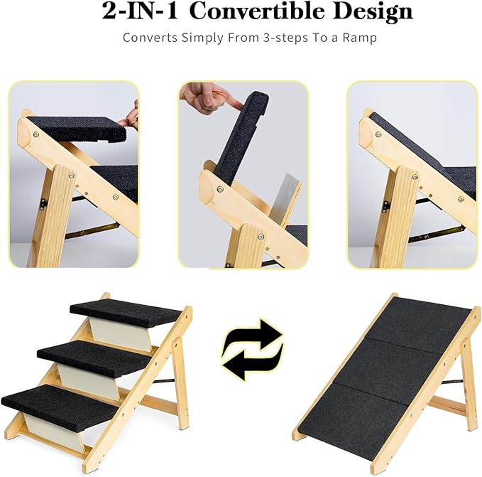 BRIKY 19.5" H Dog Stairs for Small Dogs, Non-Silp Wooden Dog Steps for Bed and Couch, Foldable 3-Step Pet Stairs for Medium Dogs and Old Cats, No Assembly Required