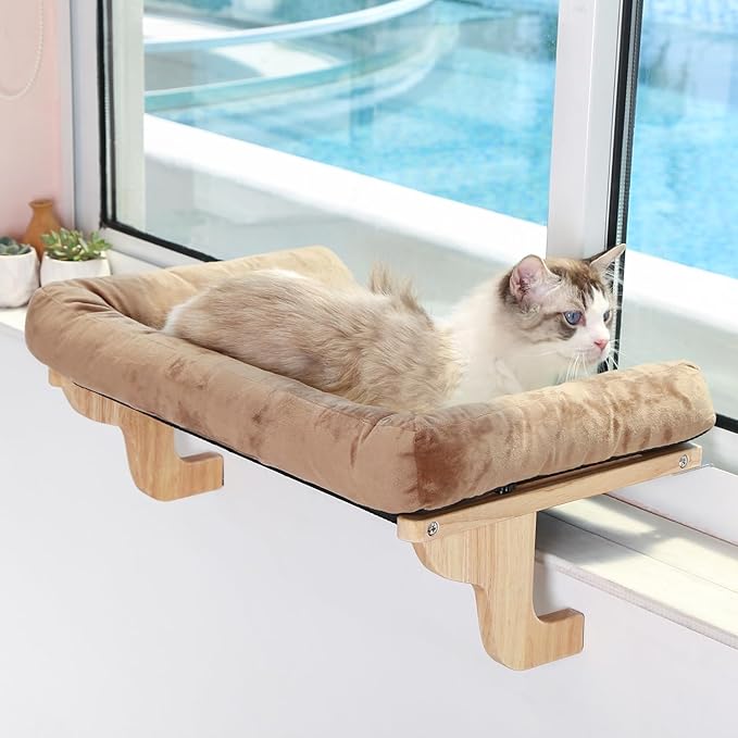 Zakkart Cat Perch for Window Sill with Bolster - Orthopedic Hammock Design with Premium Hardwood & Robust Metal Frame - Cat Window Seat for Large Cats and Kittens - Natural Color Wood Brown Bed, 24''W