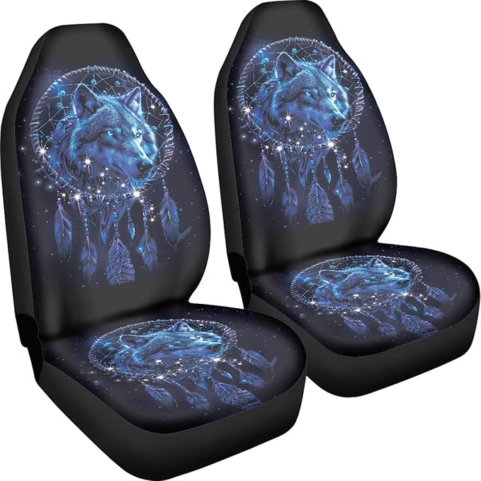 Car Seat Covers Set of 2, Wolf Dream Catcher Print Universal Auto Front Seat Protector Vehicle Seat Cushion Cover for Women Decorative Car Accessories Fit for Car SUV Truck