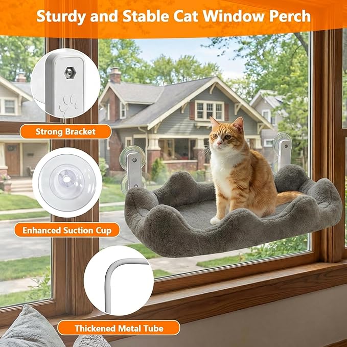 Homegroove Cat Window Perch, 24 x 12 Inch Foldable Cat Hammock for Window with 4-Sided Bolster & 4 Large Suction, Cloud Shape Cordless Window Bed for Indoor Cats (Gray, Large(24'' x 12''))
