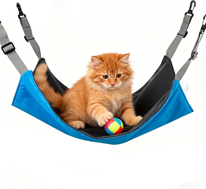 Adjustable Cage Hanging Cat Hammock, 4-Season 2-Sided Bed, Adjustable Waterproof Washable Cooling Mat for Large Kittens,Small Dogs & Rabbits (Blue)