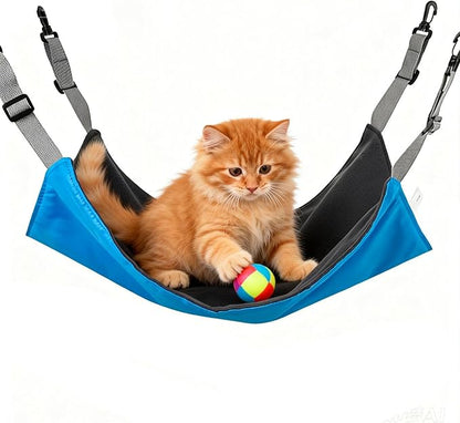 Adjustable Cage Hanging Cat Hammock, 4-Season 2-Sided Bed, Adjustable Waterproof Washable Cooling Mat for Large Kittens,Small Dogs & Rabbits (Blue)